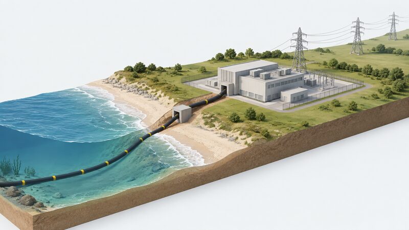 A subsea HVDC cable emerging from the sea onto a beach and running inland to a converter station building, where it connects to the onshore transmission system shown as pylons and overhead lines leading away across the landscape.