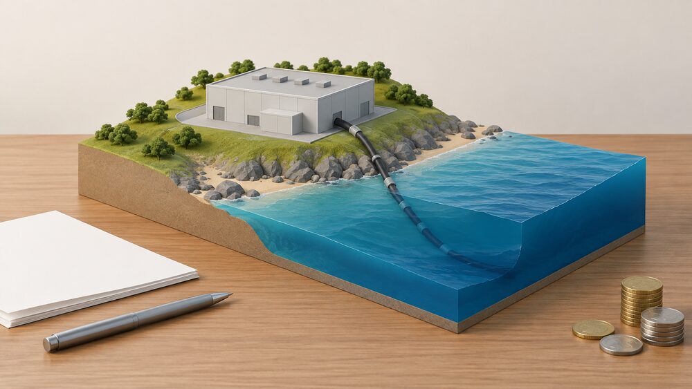 A small model of a converter station building on a modelled coastline, with a thick cable running from it down a sloping blue surface representing the sea, beside blank paperwork and a few coins on a wooden table.