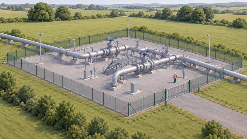 An aerial view of a high-pressure gas transmission installation showing above-ground pipework, large valves and fenced compounds set in open countryside, with no domestic meters or houses in the scene.
