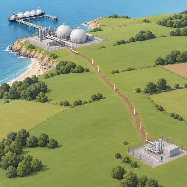 A high-pressure gas pipeline emerging from above-ground installations at a coastal terminal and running across open countryside as a buried line marked by marker posts, heading toward a small above-ground installation where the distribution network takes over.