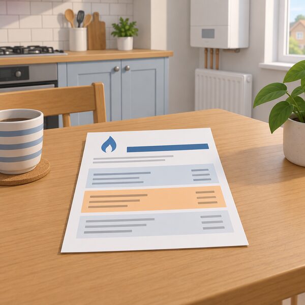 A household gas bill lying on a kitchen table, drawn as a physical paper document with plain colour bands and blank lines standing in for the charges, including a clearly separate block for regulated network charges, with no readable words or figures anywhere on it.