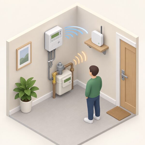 A simplified isometric indoor scene showing a wall-mounted electricity smart meter and a floor-standing gas meter with its metering module, both linked by plain signal arcs to a small hub, with a small figure standing nearby, representing the household's gas and electricity use and chosen tariff being transmitted.
