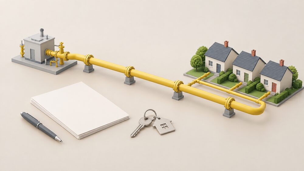 A small plain model of a high-pressure gas pipeline running from a tiny terminal structure across a tabletop toward a miniature row of houses, beside blank paperwork and a house key, showing bulk gas transmission feeding the networks that reach homes.