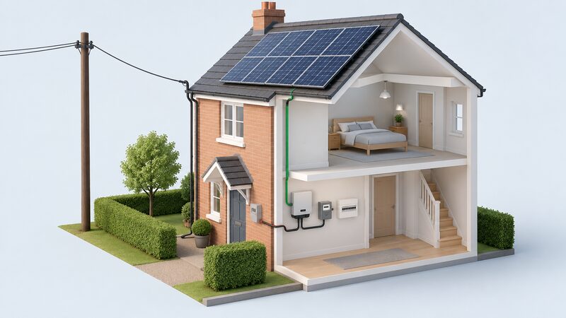 A cutaway view of a house showing a rooftop solar panel array, a cable running down inside the wall to an inverter and the domestic consumer unit, with the distribution network operator's service cable entering the property from an overhead supply to the same meter position.