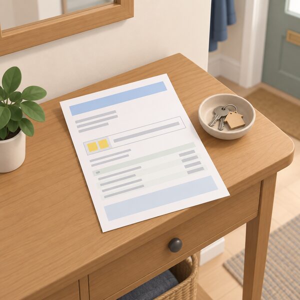A paper electricity bill lying on a domestic hallway table beside a house key bowl, drawn as a physical sheet with blank line blocks for its content and a highlighted two-digit block at the top of its meter point section standing for the Distributor ID.