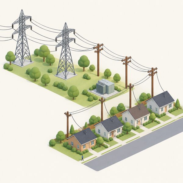 A simplified isometric scene of overhead distribution towers and wooden poles carrying cables across a neighbourhood towards a row of homes, with a small street substation and service lines dropping to the houses, showing the local network delivering electricity to properties.
