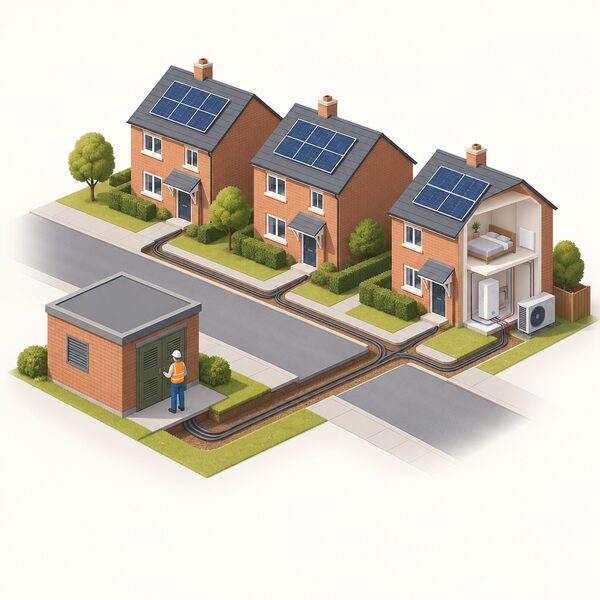 A small brick street substation beside a residential road with an underground cable running to a row of nearby houses, one house shown in cutaway with a heat pump and solar panels connected, and a simplified isometric figure inspecting the substation door.