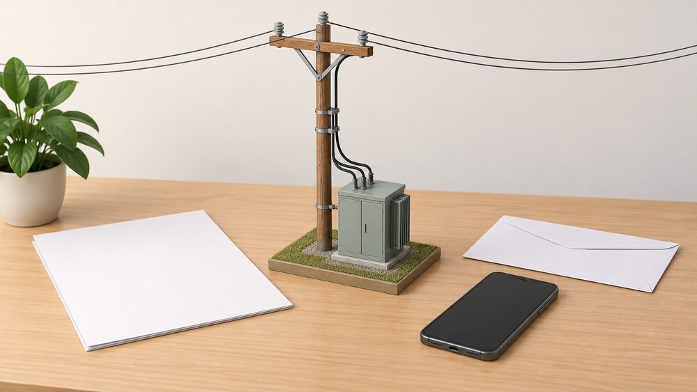 A small model of a wooden electricity distribution pole with overhead lines and a transformer-style substation cabinet stands on a table beside a blank electricity bill, a blank envelope and a mobile phone with a blank screen.