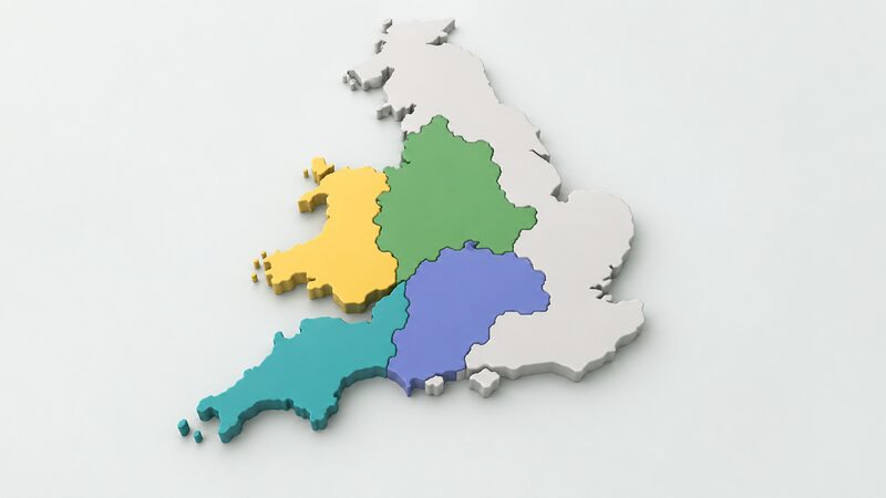 A simplified map of England and Wales with the four National Grid Electricity Distribution licence areas shaded as plain colour regions covering the Midlands, South Wales and the South West, with the rest of the country left unshaded.