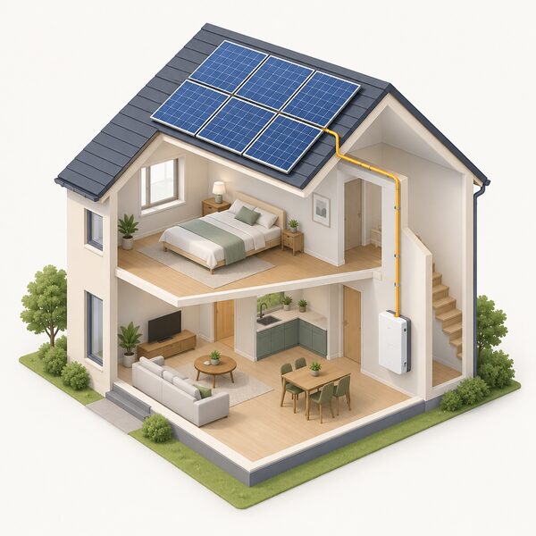 A cutaway view of a house with solar panels on the pitched roof and a home battery unit mounted on an indoor wall, connected by visible cabling, showing the combination the tariff requires.