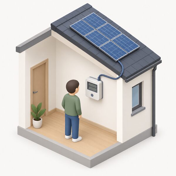 A small wall-mounted solar generation meter inside a home, connected by cable toward the household's solar installation, with a simplified isometric figure reading its blank display.