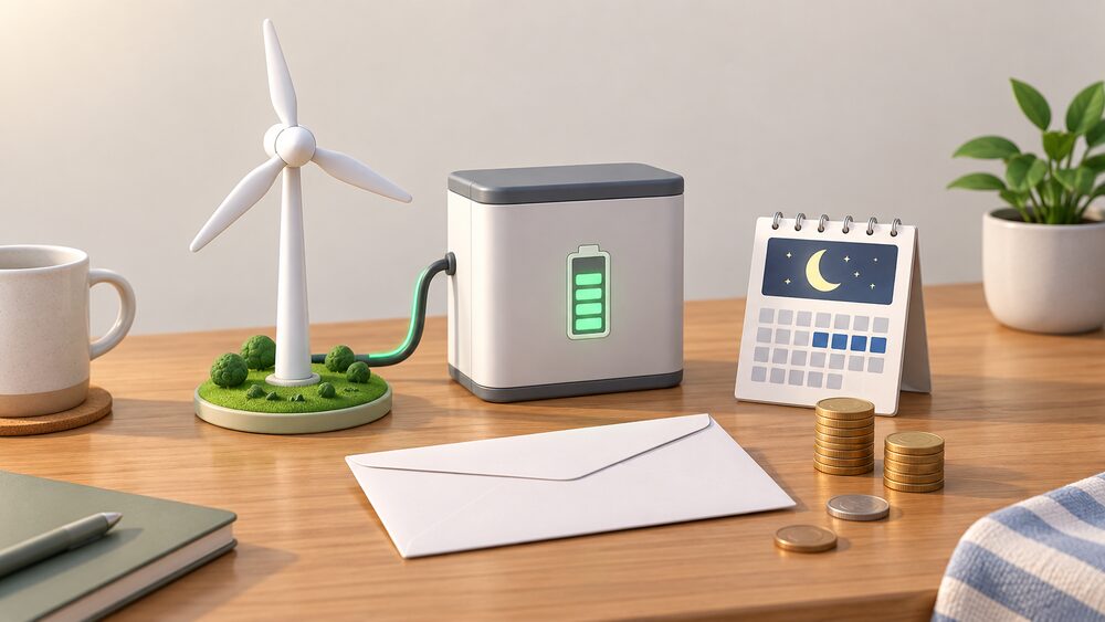 On a table, a small model wind turbine stands beside a compact home battery unit and a blank electricity bill envelope, with a few coins and a small calendar card arranged around them, suggesting a household benefiting from cheap overnight power windows.