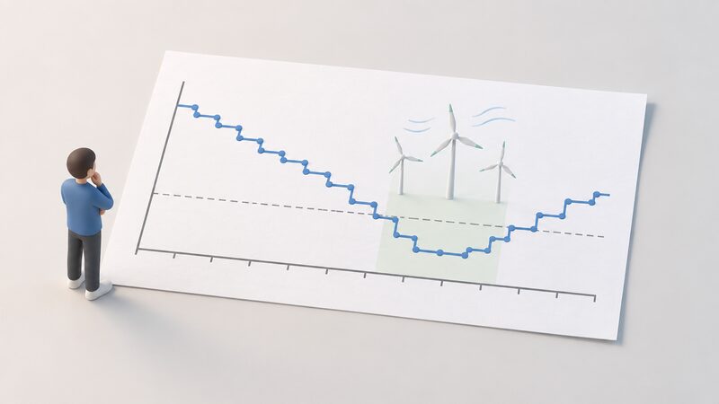 A printed chart on a plain sheet showing a line of half-hourly wholesale electricity prices stepping down across the day and dipping clearly below a marked zero line during a windy, low-demand period, with simple wind turbine icons above the dip.