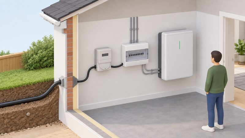 A cutaway utility corner of a home showing the electricity meter and consumer unit on the wall beside a wall-mounted battery, with the incoming supply cable from the street meeting the meter, marking the household-network boundary.
