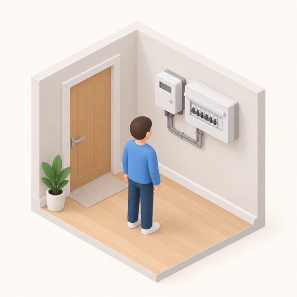 A domestic electricity meter and consumer unit mounted side by side on an interior wall of a home, with a small isometric figure standing before them, representing the household demand that is managed during peak periods.