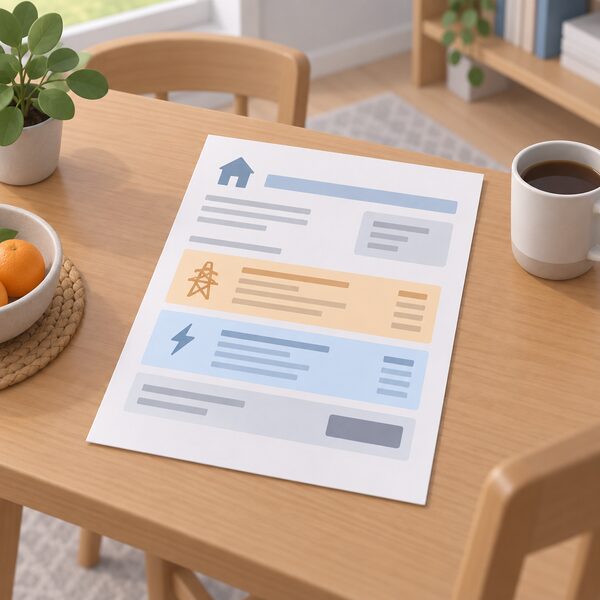 A paper energy bill lying on a household table, drawn as a physical document with blank lines and plain colour bands, with a clearly separated block of the itemised charges standing for network costs distinct from the energy charge itself.