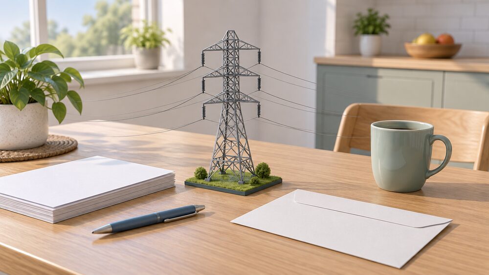 A small model of a steel electricity transmission pylon with wires stands on a kitchen table beside blank paperwork, a pen and a paper bill envelope, with a mug nearby.