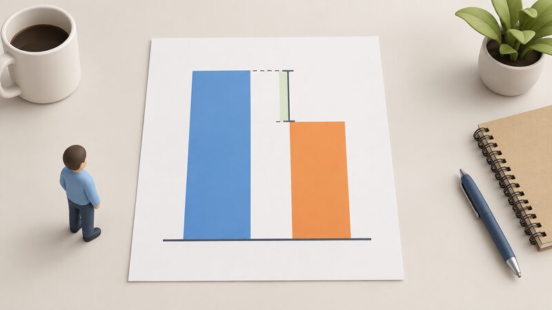 A simple diagram drawn as a printed sheet showing a tall plain bar for de-rated capacity beside a shorter plain bar for average cold spell peak demand, with a bracketed gap between their tops labelled as the margin using blank colour bands and no numbers.