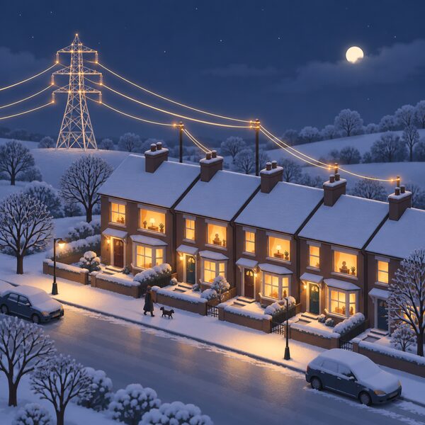 A cold winter evening scene with a row of terraced homes glowing with lit windows, connected by overhead power lines to a distant pylon, showing electricity supply meeting peak household demand.