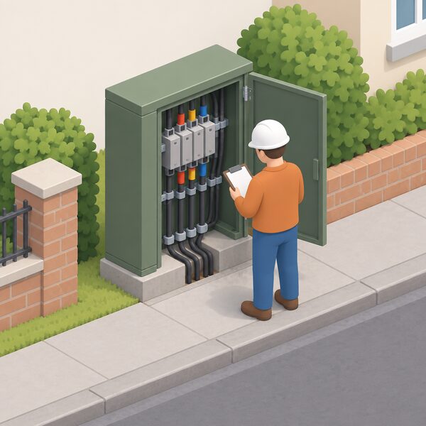 A small isometric engineer in plain clothing and a hard hat stands beside an open cabinet of the local low-voltage distribution network on a residential street, inspecting the connections with a clipboard while assessing whether the local grid can take extra load before a new installation is connected.