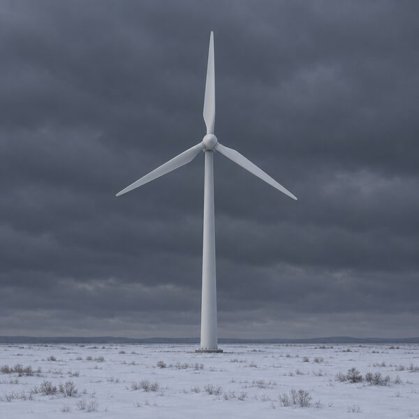 A single large wind turbine standing motionless on a bare winter landscape under a heavy dark overcast sky, its blades completely still, with no other structures nearby, conveying how still, dark weather suppresses wind generation.