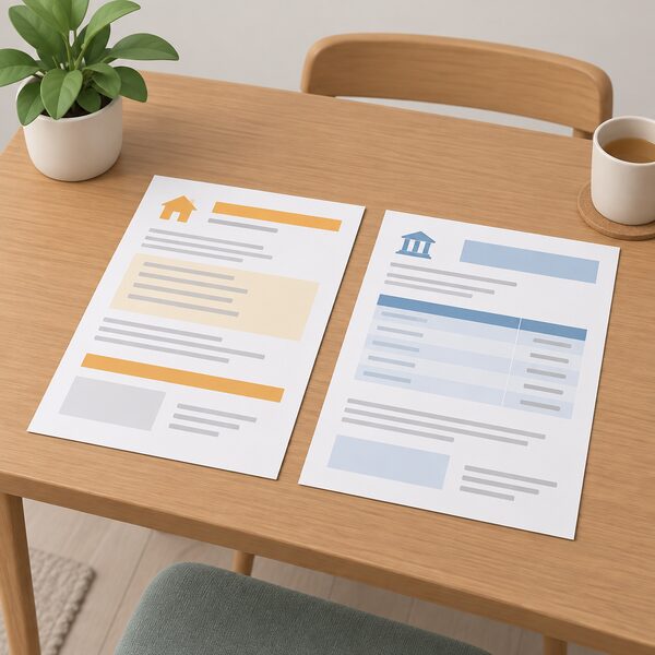 A household energy bill and a direct debit statement lying side by side on a domestic table, both shown as physical documents with their content rendered only as blank lines and plain colour bands so no figures are readable.