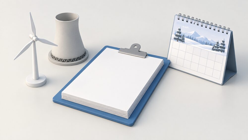 A desk arrangement showing a thick blank assessment report on a clipboard beside a wall calendar marking the winter season, with a small model wind turbine and a small model power station cooling tower standing next to the paperwork.