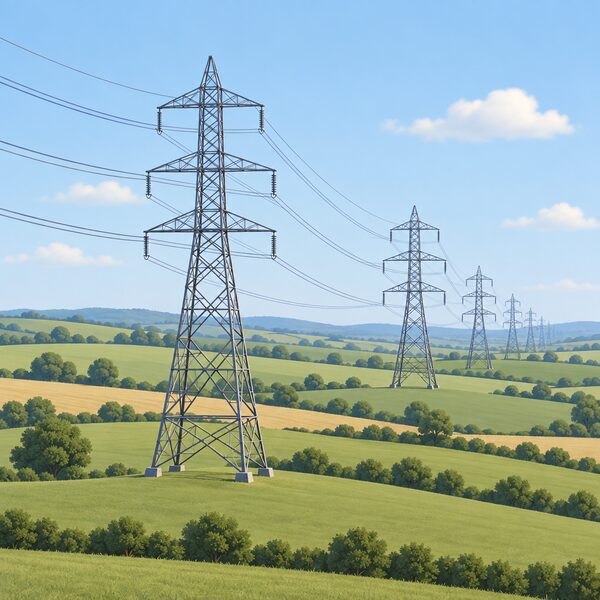 A row of tall steel high-voltage transmission pylons carrying power lines across open rolling countryside, with fields, hedgerows and a distant horizon, and no buildings or people nearby.
