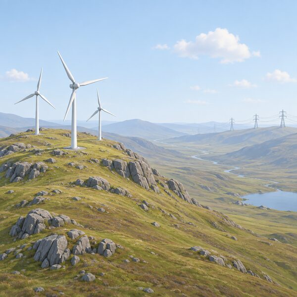 A remote windswept hilltop with a small cluster of wind turbines turning, while the nearest pylons and overhead power lines stand far away across empty valleys, showing the long gap between where the generation is built and where the network reaches.