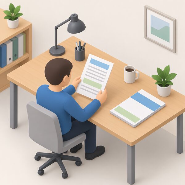 A printed end-scheme assessment document lying on a wooden desk in an office, shown as a physical object with a plain cover and pages of blank lines and colour bands, with a simple isometric figure of a reader seated nearby holding a page.