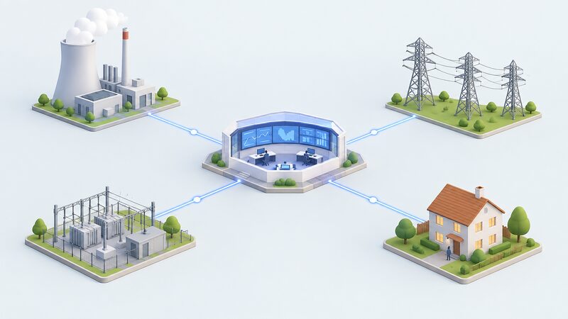 A simplified schematic diagram with a central NESO control hub connected by plain lines to a power station, transmission pylons, a distribution substation and a small house, showing electricity flowing from generation through the network to consumers.
