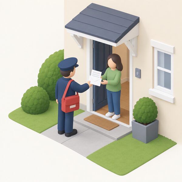 A postman at a house front door handing a plain envelope containing a connection quote letter to a householder, the awaited figure arriving at a single domestic property.