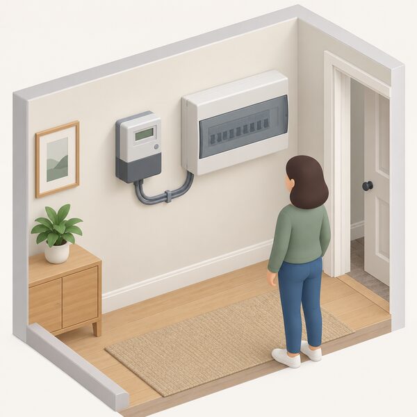 A small isometric indoor scene of a home's electricity meter and consumer unit mounted on a wall, with the meter connected by a short cable to the consumer unit beside it, drawn as plain equipment with no readable markings.