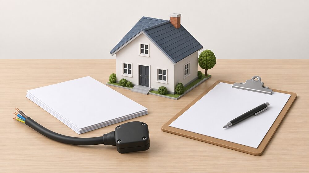 A small model house sits on a table beside blank application paperwork, a clipboard with a pen, and a short black service cable ending in a service head, representing a household applying for a new electricity connection.