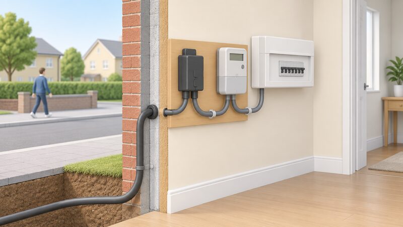 A cutaway view of a house wall at the meter position showing the service cable rising from the street outside, entering through the wall to a cut-out and then the electricity meter, with the consumer unit beyond on the household side.
