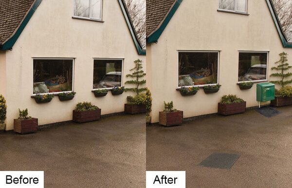Before-and-after photos of a house exterior with a green gas meter box installed on the wall after a gas connection