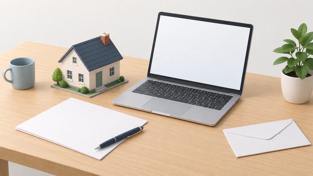 A small model of a house sits on a table beside a laptop with a blank screen, a blank application form, a pen and an envelope, representing a household applying online to its regional gas network for a new gas connection.