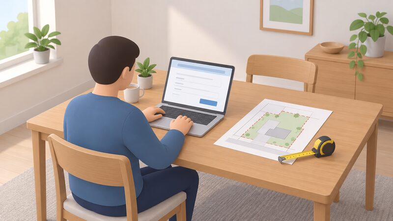 A householder at a table completing an online gas connection quote form on a laptop, with a hand-drawn site plan of the property showing the boundary and a tape measure lying beside it.