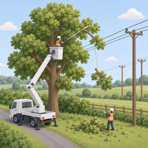 A worker in a cherry-picker platform beside a tree in the countryside, using a long pole saw to cut a branch that would otherwise reach the overhead distribution power cables on wooden poles nearby, with cut branches lowered away on a rope.