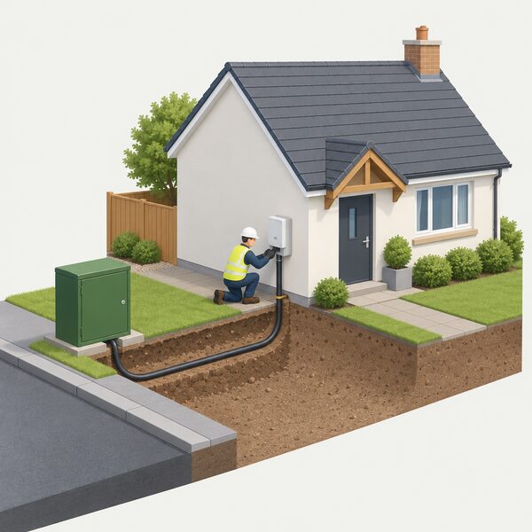 An NIE Networks operative in plain work clothing connects a new underground electricity supply cable at the boundary of a single detached house, joining the cable from a small green street cabinet to the meter box on the house's outside wall.
