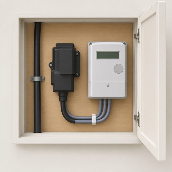 A close-up view of a domestic meter cupboard or wall-mounted meter position showing the sealed cut-out unit, the equipment linking the incoming network supply cable to the property's internal wiring, mounted directly beside the electricity meter with the incoming cable and outgoing internal wires clearly visible.