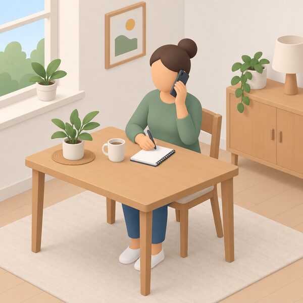 A simplified isometric figure sits at a table in a home holding a mobile phone to their ear, mid-call, with a notepad and pen beside them, showing a customer ringing the helpline to report a power cut or make a complaint.
