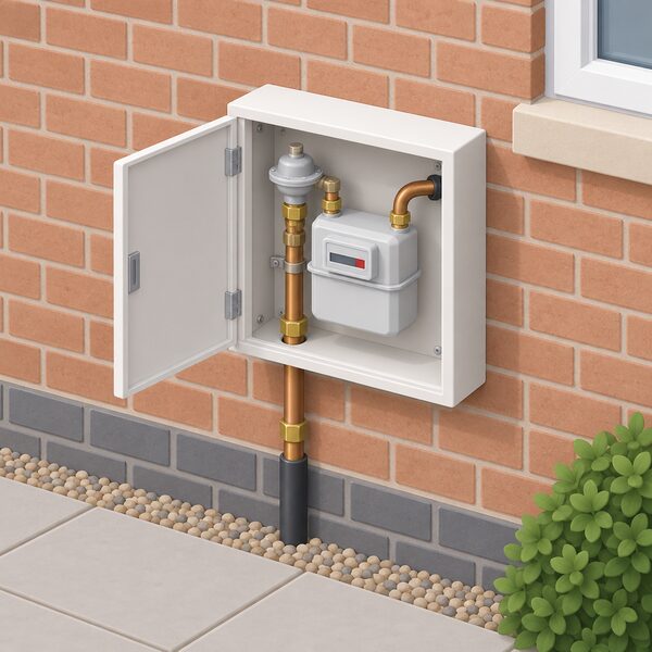 A wall-mounted gas meter box on the outside brick wall of a house, its door open to show the gas meter and the inlet and outlet pipework rising from the ground and entering the wall, as a new connection would serve.