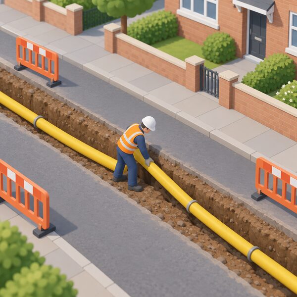 An open trench in a residential street with a yellow gas distribution pipe being laid along it, one simplified worker guiding the pipe into place, showing the existing network into which biomethane is injected.