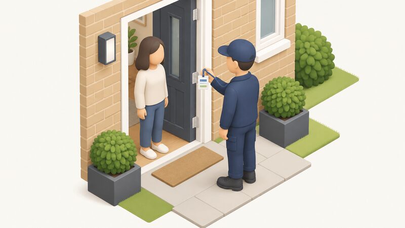 At a house's front door, a gas engineer in plain work clothing holds up an identity badge on a lanyard toward a householder who has opened the door, both shown as simplified isometric figures with the badge content as blank colour bands.