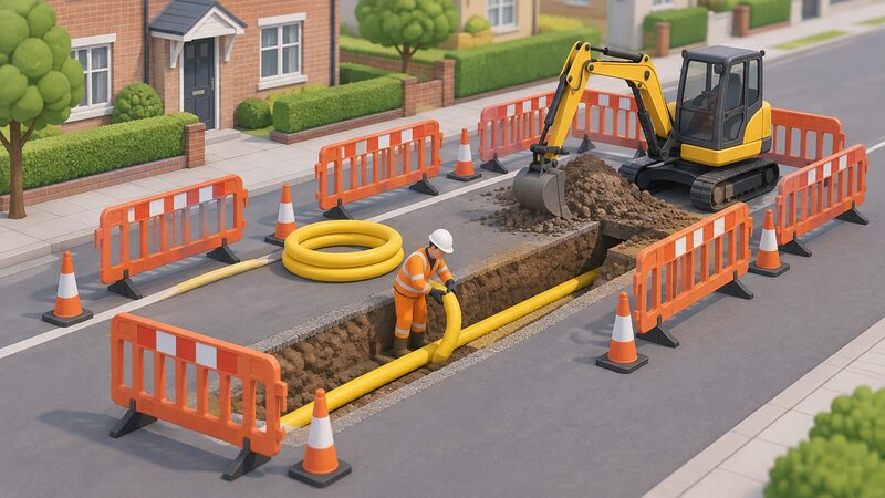 A gas network engineer in high visibility clothing and a hard hat works beside an open trench in a residential street, with yellow plastic gas pipe being laid and a small excavator and barriers around the site.