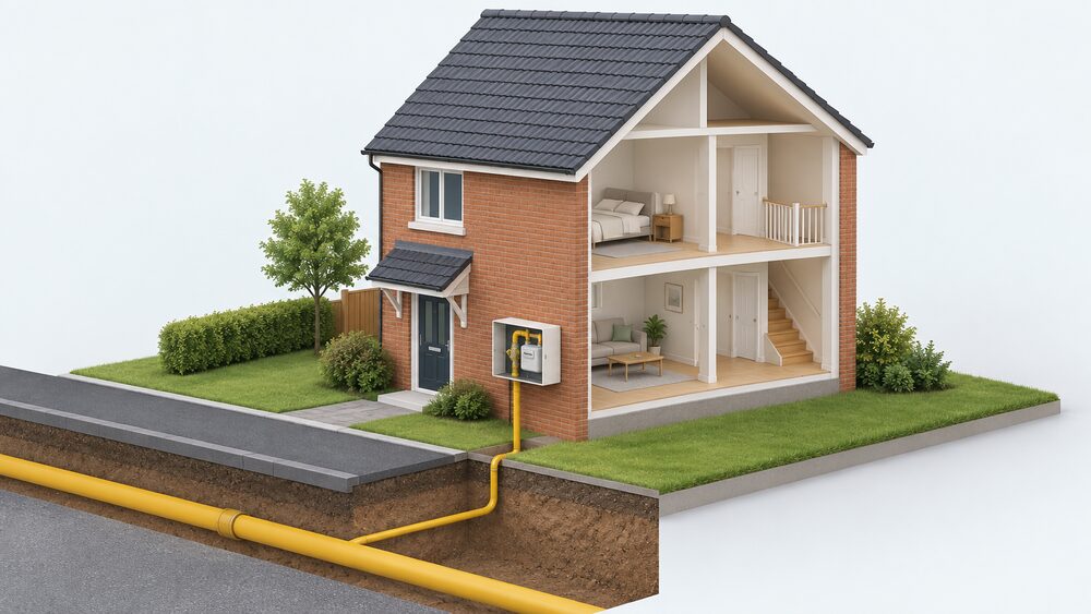 A cutaway house scene showing a gas service pipe rising from the mains under the street outside, entering the property boundary to a surface mounted meter box on the outside wall, with the Emergency Control Valve positioned just before the gas meter inside the box.