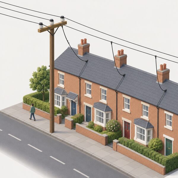 A simplified street scene with a wooden distribution pole carrying overhead power lines that run along the road and drop down by service cables to a small terrace of ordinary British homes.