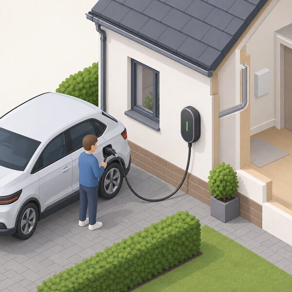 A wall-mounted electric vehicle charger on the outside wall of a house, with its cable reaching to a parked electric car on the drive and a visible cable route from the charger into the house wall.