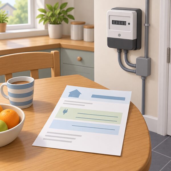 A household electricity bill lying on a kitchen table as a physical document, its layout shown with plain colour bands and blank lines for the standing charge and unit rate entries, beside a single-rate electricity meter on the wall.